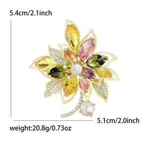 Elegant multi-color zircon flower brooch with gold base, size 5.4cm by 5.1cm