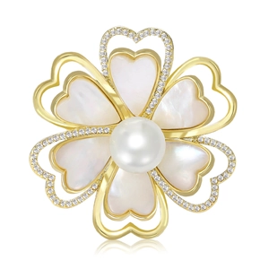 Élégante Broche Camélia en Cuivre et Nacre Avec Zircon Grande Künstliche Perle Blanche Ronde Plaquée Or Broche Fleur pour Costume Robe Femme