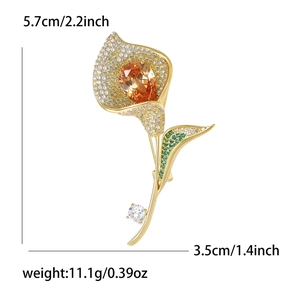 Broche calla avec cristaux blancs, feuille verte et pierre ambre avec dimensions