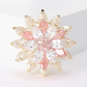 Elegant multi-layer lotus brooch with pink zircon crystals in gold plating finish