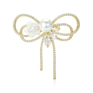 Broche Nœud Papillon Élégante en Cuivre Plaqué Or Avec Zircone Künstliche Perle et Fleur de Nacre Épingle à Franges Bijoux Femme