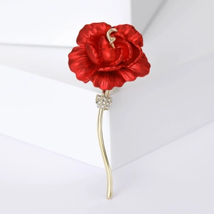 Vintage Elegant Red Rose Brooch For Women Gold Plated Alloy Rhinestone Flower Pin For Suit Dress Accessory Fashion Jewelry