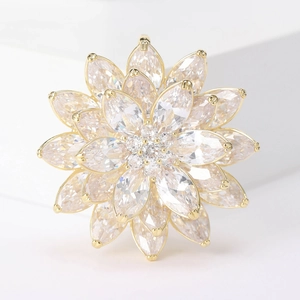 Elegant multi-layered sunflower brooch with sparkling marquise-cut zircon in gold finish