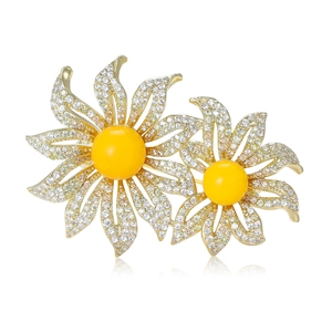 Élégante Broche Double Fleur Tournesol pour Femmes Cuivre Micro-Incrustation Zirconia Pierre Résine Jaune Accessoire Luxe