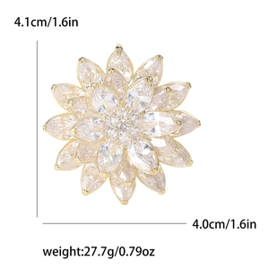 Elegant multi-layer lotus flower brooch with sparkling marquise-cut zircon in gold finish