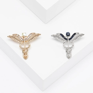 Elegant angel wing medical caduceus brooches with rhinestones and opal stones