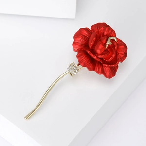 Elegant red rose brooch in vintage gold finish with sparkling rhinestone accents for women