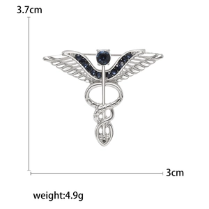 Blue rhinestone Caduceus medical brooch with silver wings for professional suits