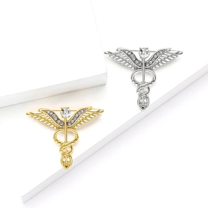 Vintage Alloy Caduceus Medical Symbol Brooch Pin With Rhinestone Wings For Men Women Suit Coat Doctor Nurse Gift Jewelry