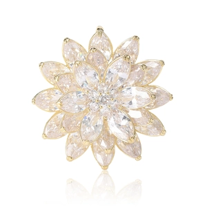 Sparkling lotus flower brooch with multi-layer zircon petals and gold finish for coats