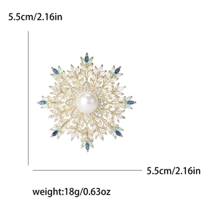 Snowflake brooch with blue crystals and large pearl center, size 5.5cm for coats