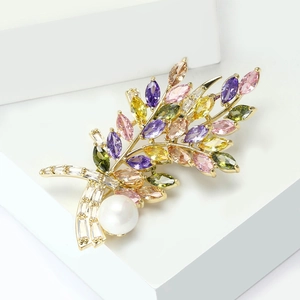 Eleganter 14K Vergoldeter Kupfer Farbiger Zirkonia Blumenstrauß Brosche Mit Künstliche Perle Weizenähre Blattform Damen Modeschmuck Geschenk