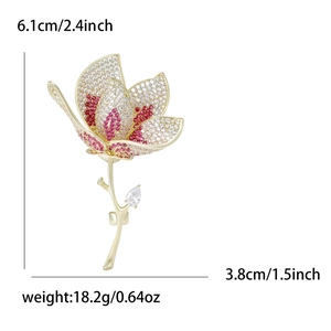 Detail view showing tulip flower brooch dimensions 6.1x3.8cm with pavé set cubic zirconia