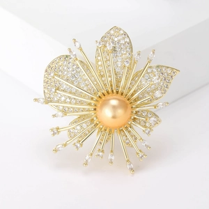 Élégante Broche Fleur d'Orchidée en Cuivre Plaqué Or pour Femmes Luxe Zirconia Micro-serti Künstliche Perle Dorée Bijou pour Mariage Banquet