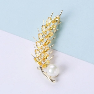 Eleganter Vergoldeter Kupfer Weizenähre Brosche Für Damen Mit Gelbem Zirkonia Und Weißer Künstliche Perle Luxus Mode Nadel Schmuck Geschenk