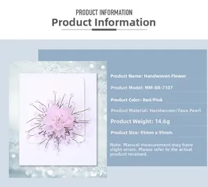 Detail showing pink handmade woven crystal flower brooch with pearls and product specs