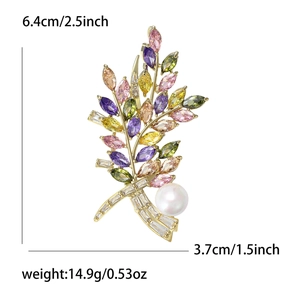 Brosche in Weizenform mit bunten Zirkoniasteinen, Perle und Größenabmessungen