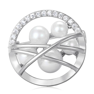 Modern geometric brooch with hollow circular design, micro-pave zircons and white pearls