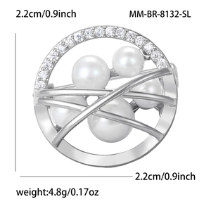 Minimalist silver round brooch with pavé zircon and pearl accents for women