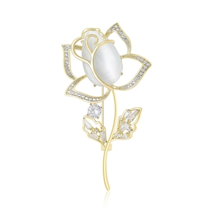 Broche Fleur de Rose en Cuivre Élégante Avec Pierre de Chat Artificielle Strass Blanc Élégante Femme Accessoire de Vêtement Épingle