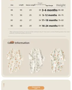 Detailed size chart and specifications for baby cotton long sleeve romper jumpsuits