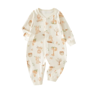 Infant ribbed romper with forest animal patterns and snap buttons in soft beige