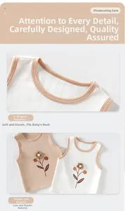 Détail de gilets pour bébé en tricot avec col en U et motifs floraux appliqués