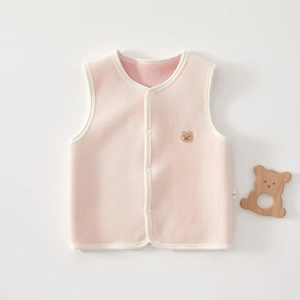 Pink fleece baby vest with cute bear embroidery and white buttons for infants
