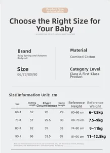 Detailed size chart for baby cotton romper with measurements and washing guide