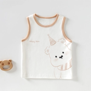 Gilet blanc pour bébé avec motif ours mignon et bordure marron, coton respirant