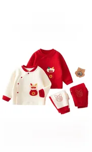 Detail of baby thermal quilted underwear set with high waist pants and embroidery