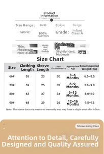 Size chart for baby cotton onesie showing measurements for 66 to 90 cm size range