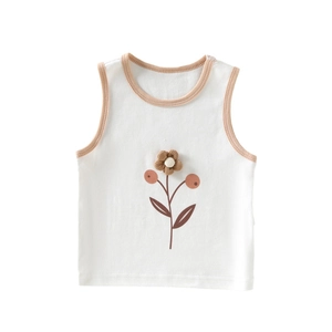 Gilet en tricot sans manches blanc pour bébé avec fleur 3D et liseré marron