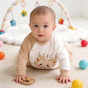 Long Sleeve Cotton Infant Romper Side Snap Baby Jumpsuit Bone Free Sewing Combed Cotton Animal Print Newborn Crawling Suit