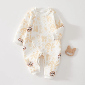 Quilted warm infant romper with festive lion dance print and side button closure