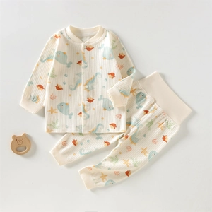 Class A Cotton Baby Pajamas Set High Waist Belly Protection Infants Long Sleeve Top And Pants Ribbed Cartoon Loungewear