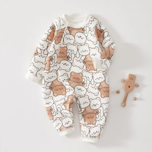 Newborn quilted thermal romper with brown cartoon bear pattern for autumn and winter