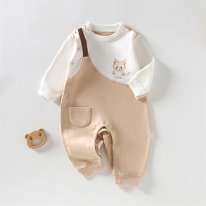 Soft cotton long sleeve baby romper with cartoon animal pattern and snap button closure