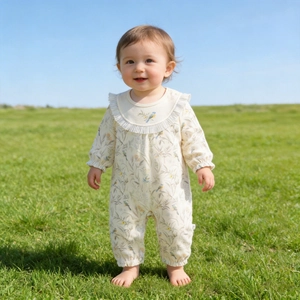 Barboteuse à Manches Longues 100% Coton pour Nouveau-né Imprimé sans Couture Jumpsuit Motif Animaux de la Forêt Oiseau