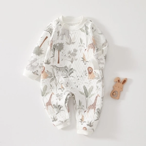 Quilted warm winter baby romper with cute animal prints and diagonal button closure