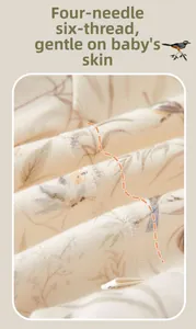 Close-up of baby romper showing soft cotton fabric with bird pattern and flatlock stitching
