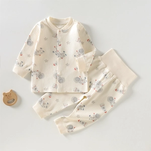 Baby two-piece rib-knit pajama set with space astronaut prints and high-waist belly protection