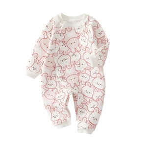 Quilted newborn bodysuit with pink rabbit print for autumn and winter warmth