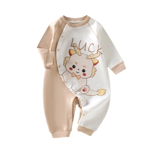 Newborn long sleeve cotton romper with lucky dragon print and diagonal snap buttons