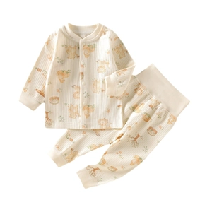 Infant ribbed pajama set with high waist pants and forest bear cartoon pattern