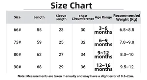 Size chart for baby girl cotton romper showing lengths for ages 3 to 16 months in cm