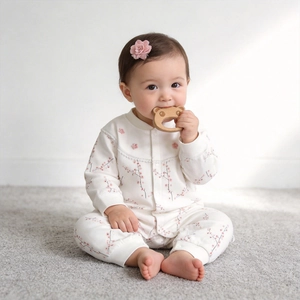 Combinaison en Coton Fleuri pour Bébé Fille Doux Col en Dentelle Barboteuse à Manches Longues Automne Hiver Maison