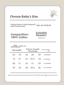 Size chart for 100% cotton baby romper with detailed length and chest measurements