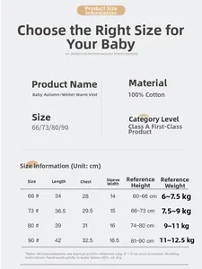 Detailed size chart for infant cotton vest including chest and length measurements