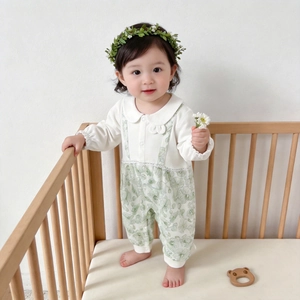 Infant Girls Floral Print Long Sleeve Romper Soft Cotton Peter Pan Collar Jumpsuit Bow Lace Princess Style Home Pajamas